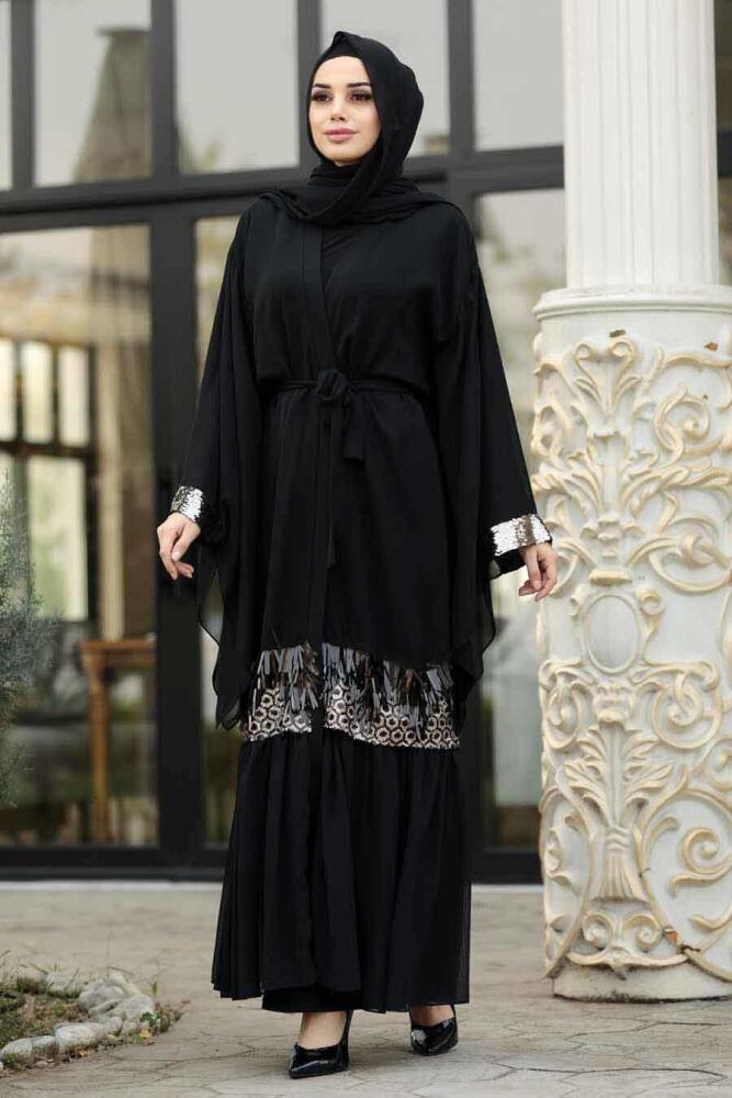 Pul Payetli Siyah Tesettür Abaya 8944S - 1