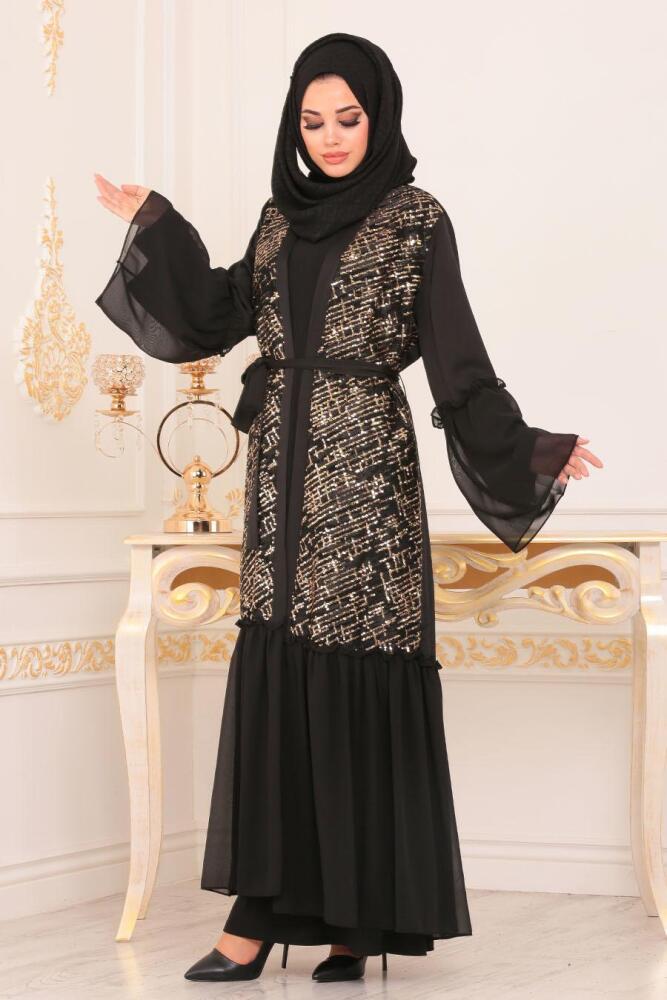 Pul Payetli Siyah Tesettür Abaya 8954S - 1