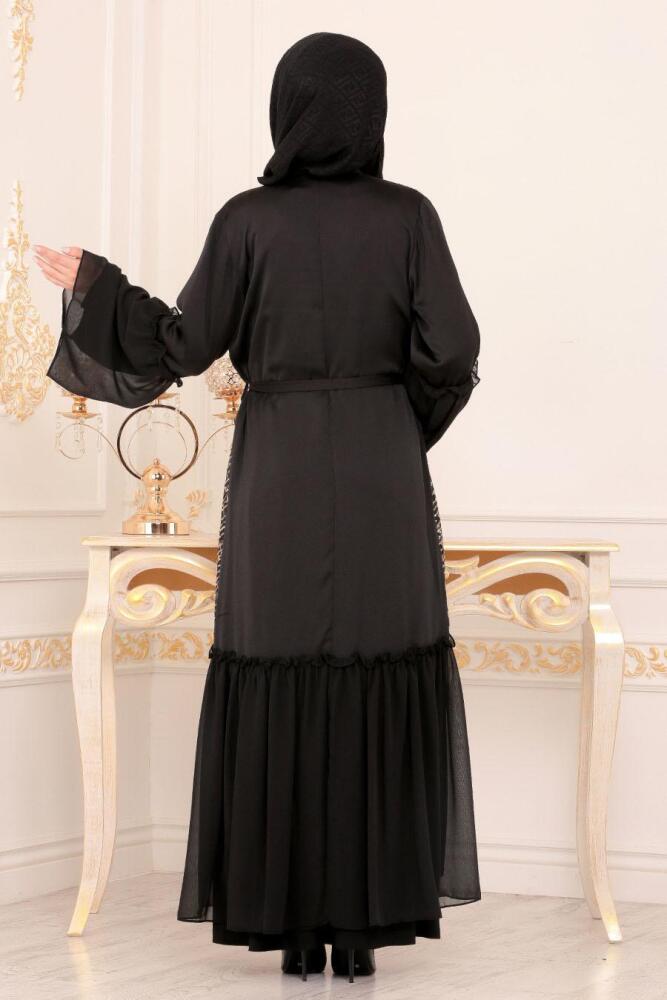 Pul Payetli Siyah Tesettür Abaya 8954S - 2