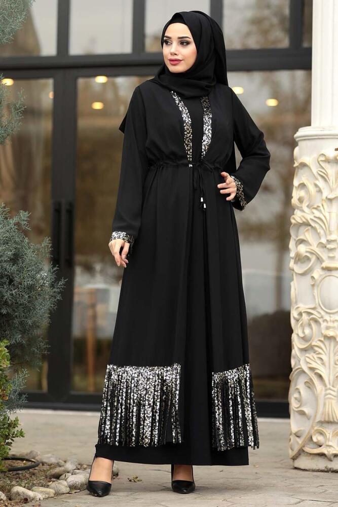 Pul Payetli Siyah Tesettür Abaya 9041S - 1