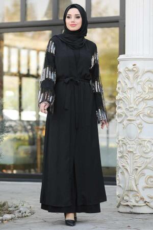 Pul Payetli Siyah Tesettür Abaya 95762S - 1