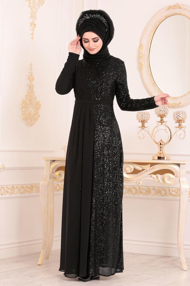Pul Payetli Siyah Tesettürlü Abiye Elbise 85590S - 1