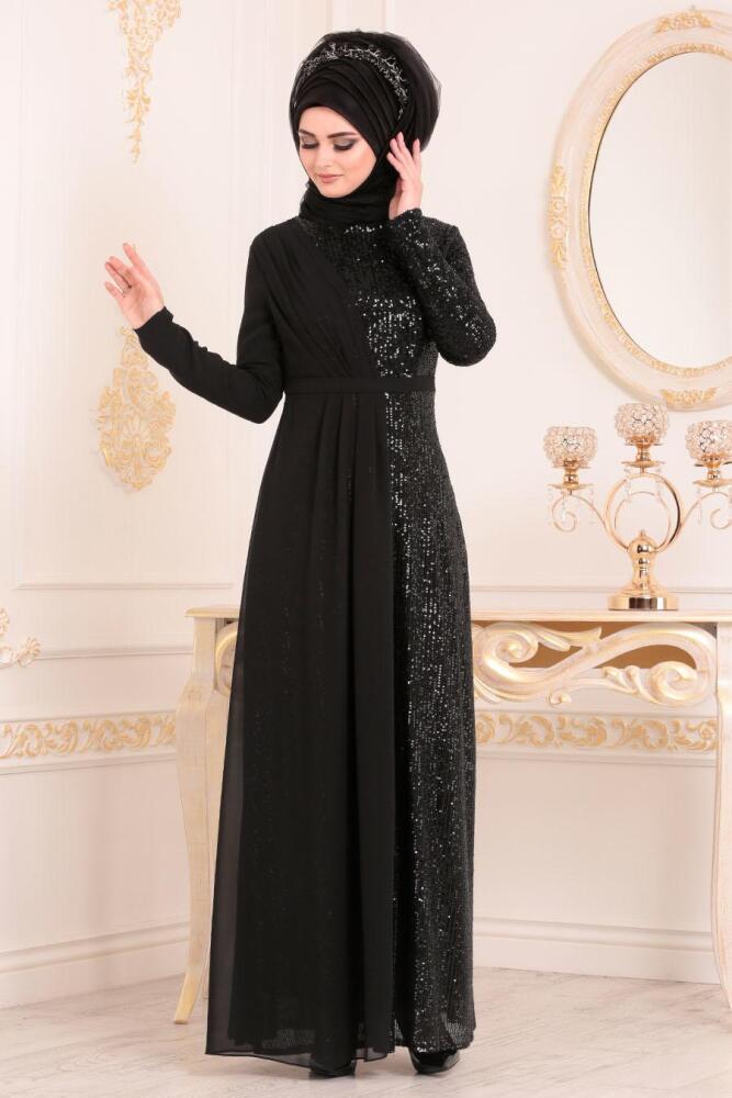Pul Payetli Siyah Tesettürlü Abiye Elbise 85590S - 2