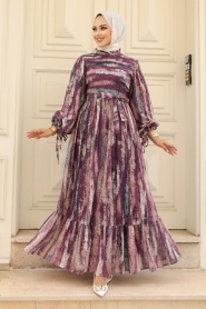 Purple Hijab Dress 12101MOR - Thumbnail