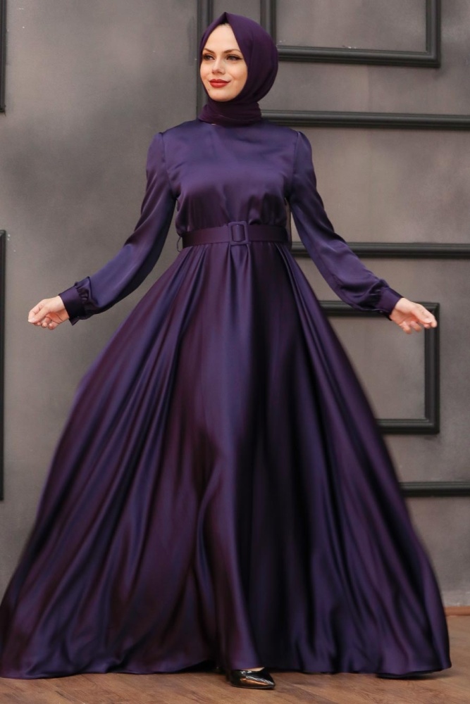 Neva Style - Satin Purple Islamic Evening Gown 28890MOR - 1