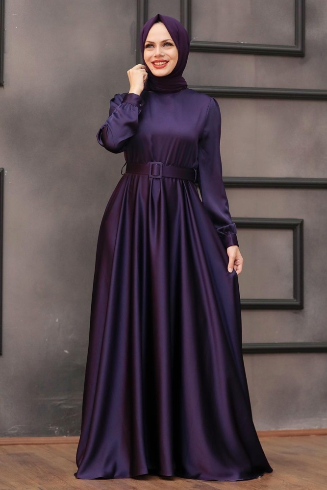 Neva Style - Satin Purple Islamic Evening Gown 28890MOR - 2