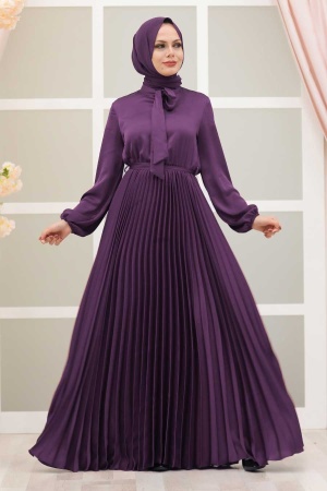 Neva Style - Satin Purple Islamic Clothing Engagement Dress 3031MOR - 1
