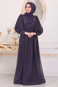 Purple Hijab Evening Dress 40302MOR - Thumbnail