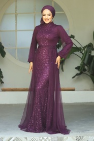 Neva Style - Long Sleeve Purple Modest Evening Gown 5632MOR - Thumbnail