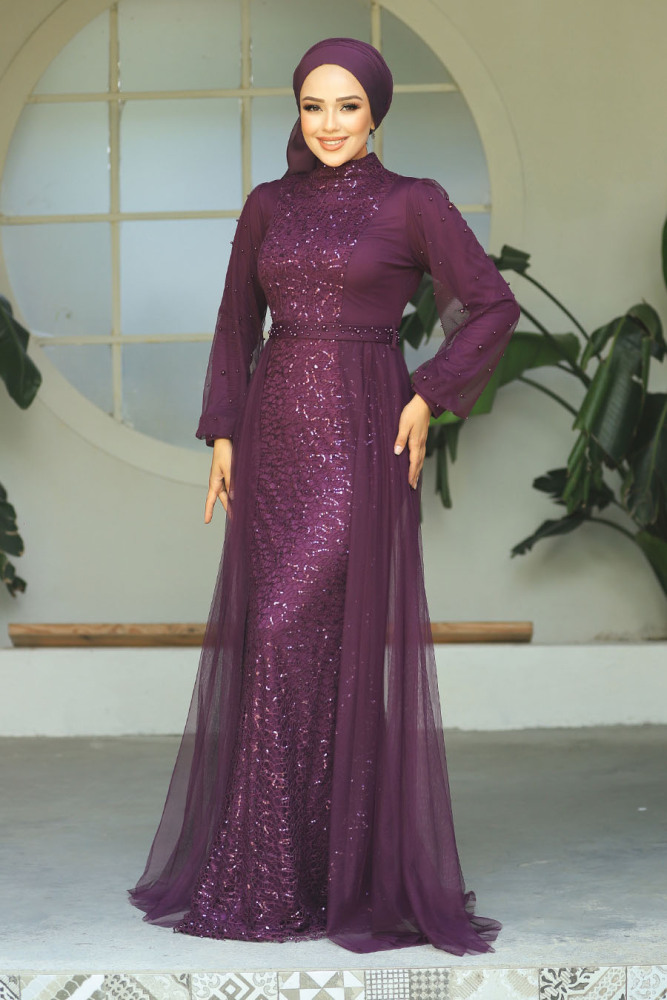 Neva Style - Long Sleeve Purple Modest Evening Gown 5632MOR - 3