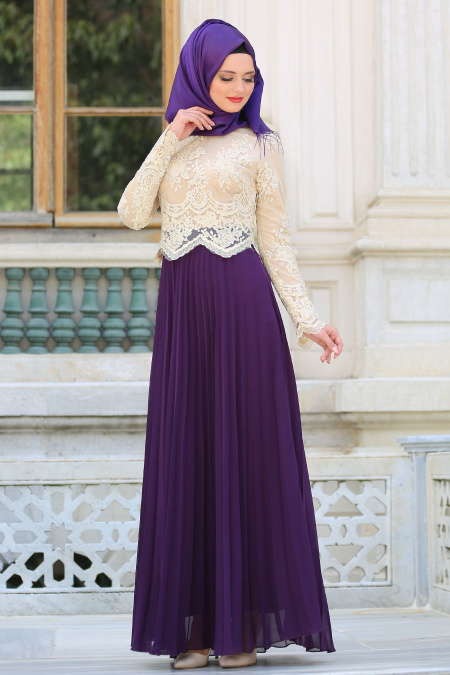 Purple Hijab Evening Dress 7722MOR