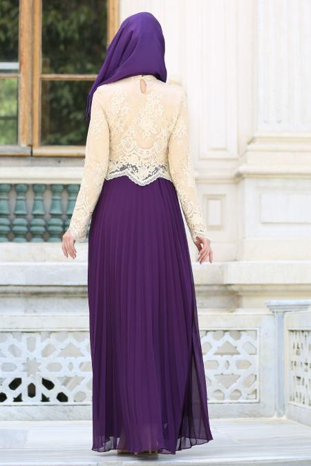 Purple Hijab Evening Dress 7722MOR - 3
