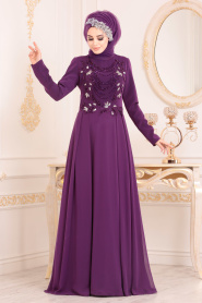 Neva Style - Modern Purple Modest Islamic Clothing Evening Dress 20510MOR - Thumbnail