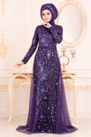Purple Hijab Evening Dress 20872MOR - Thumbnail
