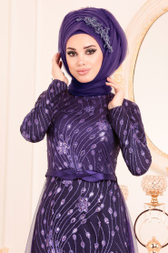 Purple Hijab Evening Dress 20872MOR - Thumbnail