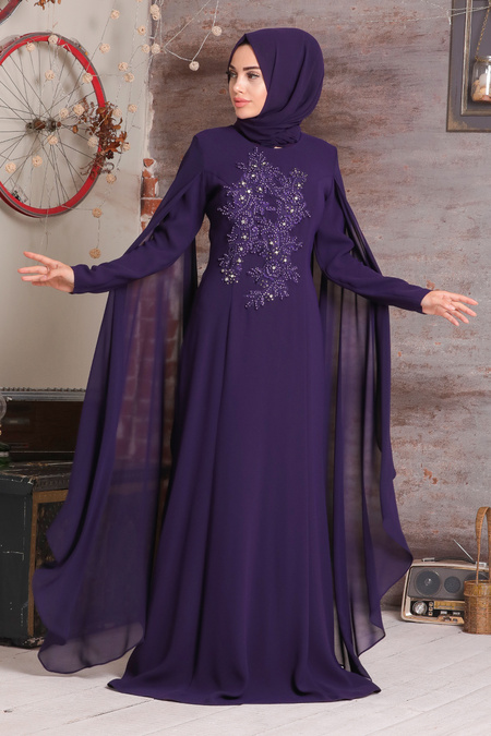 Purple Hijab Evening Dress 38380MOR