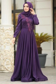Purple Hijab Evening Dress 39210MOR - Thumbnail