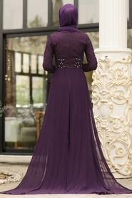 Purple Hijab Evening Dress 3873MOR - Thumbnail