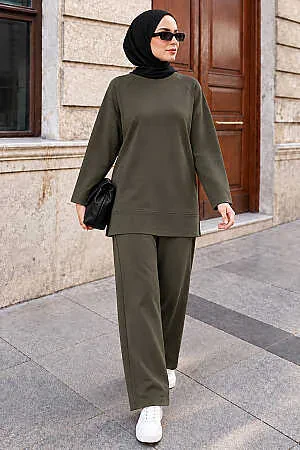 Raglan Sleeve Side-Slit Oysho Fabric Light Khaki Modest Trouser Set 3012AHK 