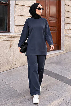 Raglan Sleeve Side-Slit Oysho Fabric Anthracite Modest Trouser Set 3012ANT 