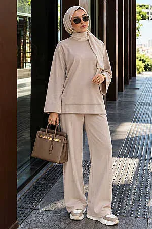 Raglan Kol Yan Yırtmaçlı Oysho Kumaş Bej Tesettür Pantolon Takım 3012BEJ - 1