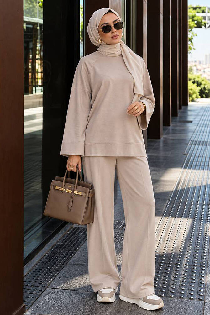 Raglan Kol Yan Yırtmaçlı Oysho Kumaş Bej Tesettür Pantolon Takım 3012BEJ - N.S NEVA STYLE