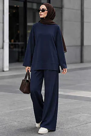 Raglan Sleeve Side-Slit Oysho Fabric Navy Modest Trouser Set 3012L 