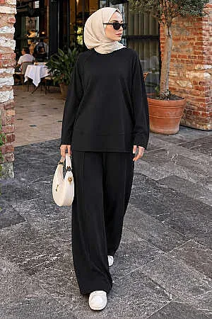 Raglan-Sleeve Side-Slit Oysho Fabric Black Modest Trouser Set 3012S - 1