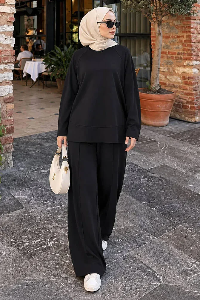 Raglan-Sleeve Side-Slit Oysho Fabric Black Modest Trouser Set 3012S - 1