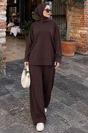 Raglan-Sleeve Side-Slit Oysho Fabric Dark Brown Modest Trouser Set 3012KKH 