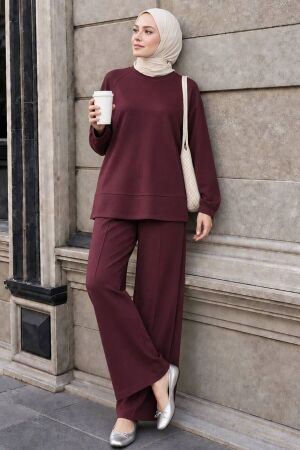 Raglan-Sleeve Side-Slit Oysho Fabric Mink Modest Trouser Set 3012VSN 