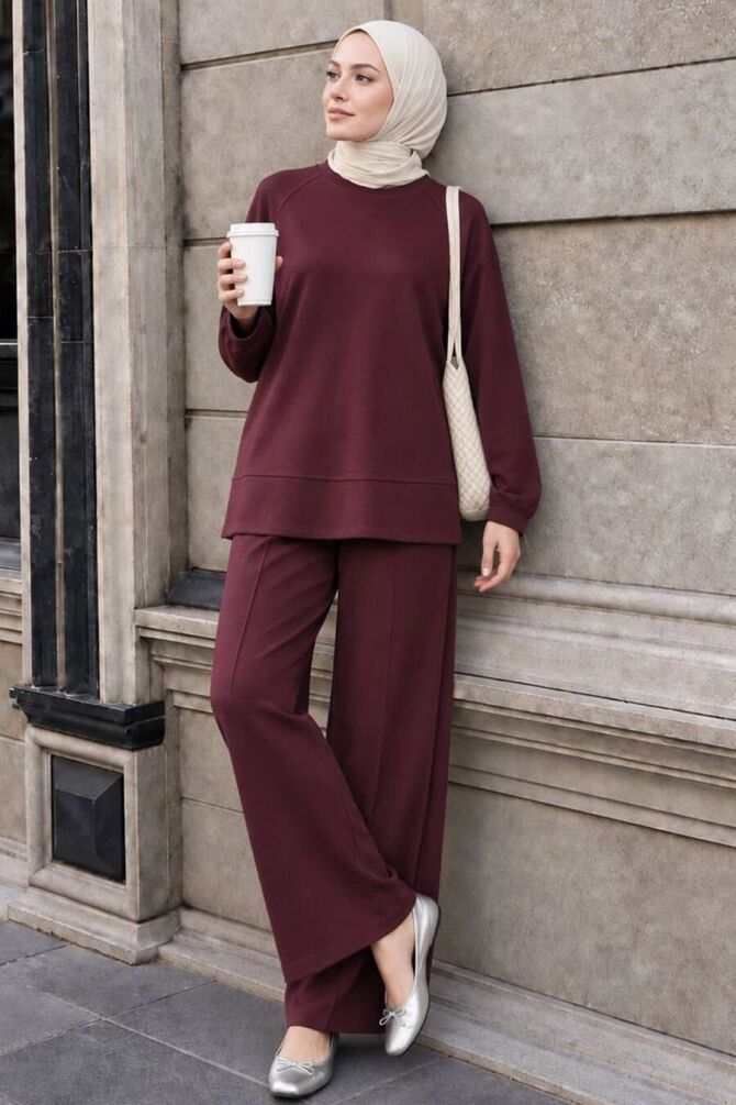 Raglan-Sleeve Side-Slit Oysho Fabric Mink Modest Trouser Set 3012VSN - 1