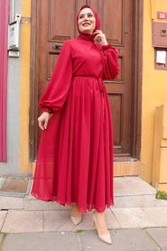 Red Hijab Dress 1448K - Thumbnail