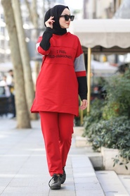 Red Hijab Dual Suit Dress 9135K - Thumbnail