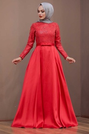 Red Hijab Evening Dress 2372K - Thumbnail