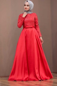 Red Hijab Evening Dress 2372K - Thumbnail