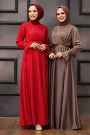 Neva Style - Plus Size Red Hijab Engagement Dress 22202K - Thumbnail