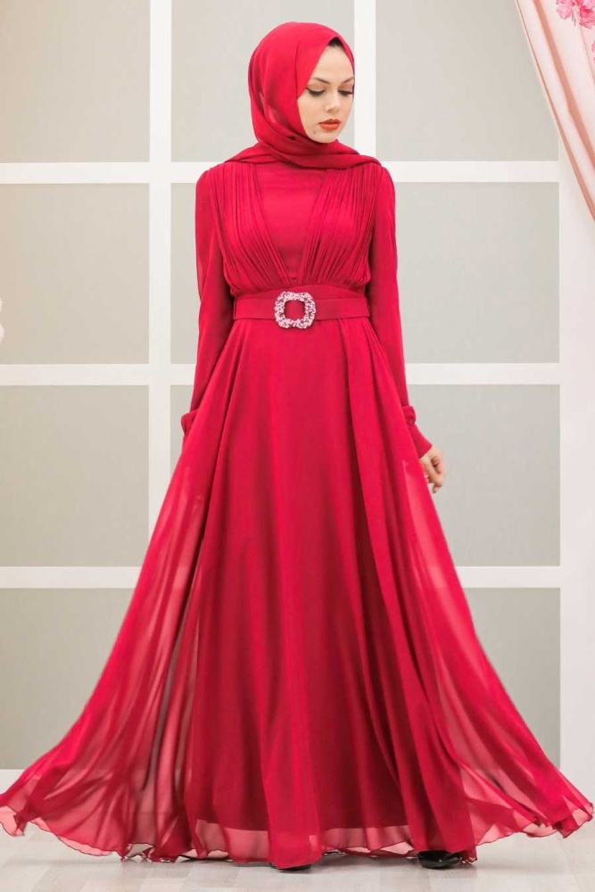 Neva Style - Modern Red Hijab Evening Dress 27690K - 1