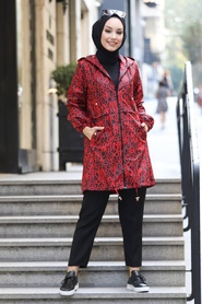 Red Hijab Raincoat Coat 8896K - Thumbnail