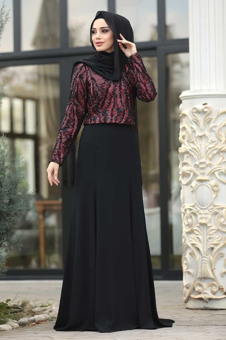 Neva Style - Long Red Hijab Engagement Gown 37220K