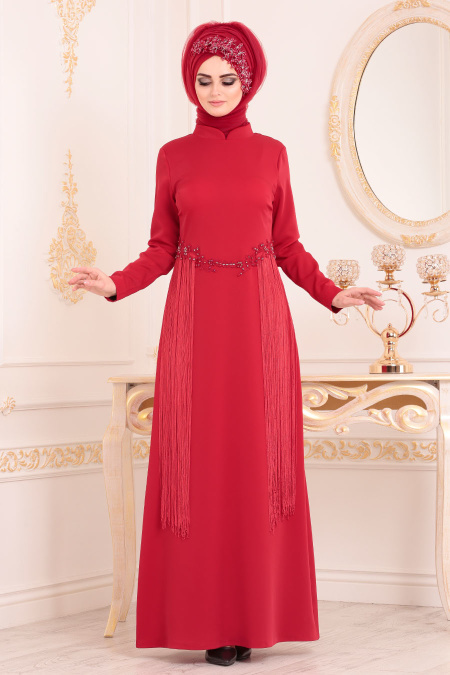 Red Hijab Evening Dress 3622K