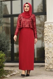 Neva Style - Long Red Hijab Dress 3743K - Thumbnail