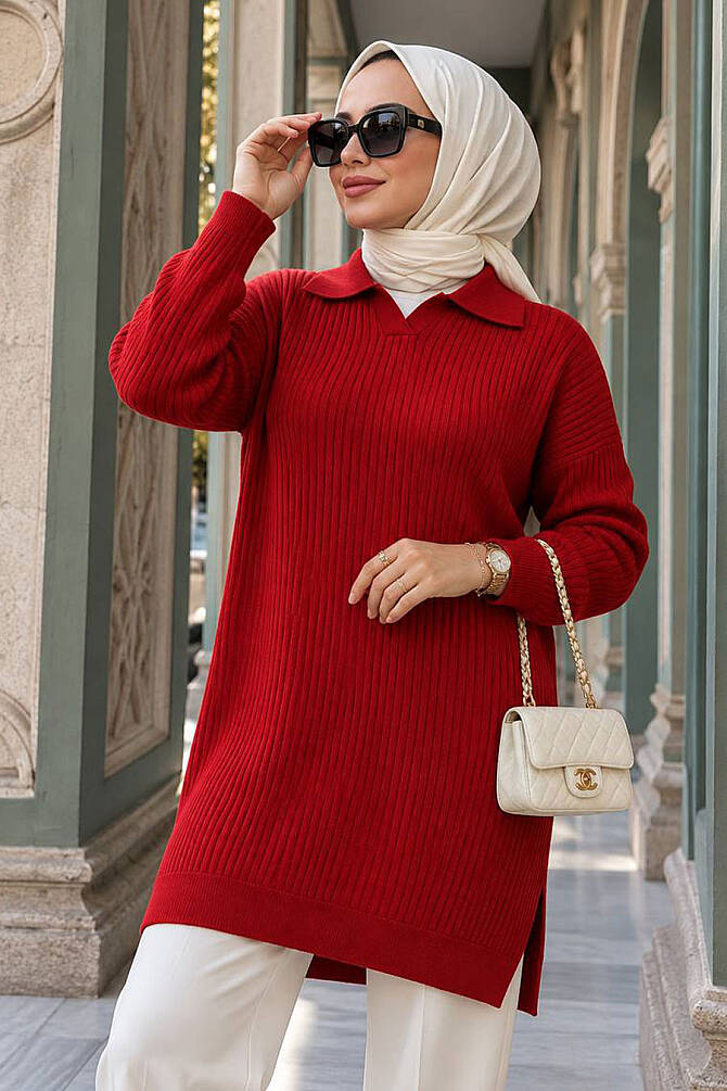 Red Modest Knit Sweater 10921K - 1