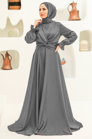 Robe de Soirée Hijab Gris Satiné 3389GR - 1