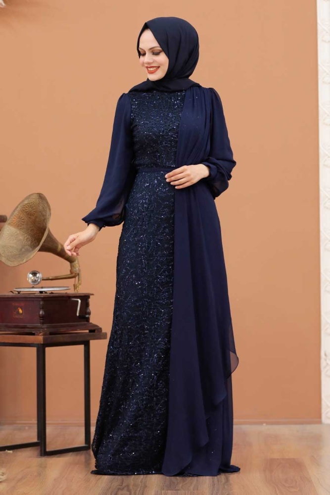 Robe de soirée Hijab - Robe de soirée Hijab bleu marine 5516L - 2