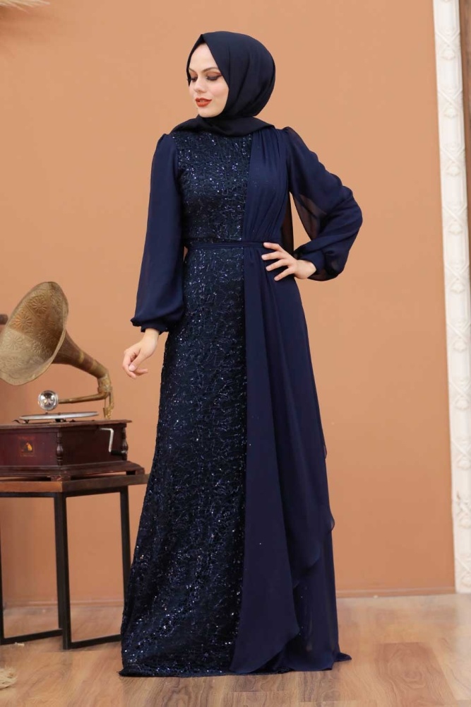 Robe de soirée Hijab - Robe de soirée Hijab bleu marine 5516L - 1