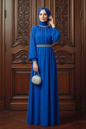 Robe de soirée Hijab - Robe de soirée Hijab bleu sax à manches ballon 5339SX - 1