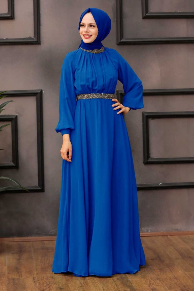 Robe de soirée Hijab - Robe de soirée Hijab bleu sax à manches ballon 5339SX - 1