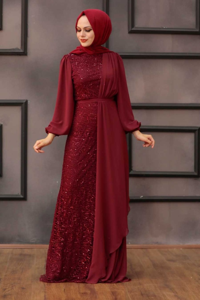 Robe de soirée Hijab - Robe de soirée Hijab Bordeaux Bordeaux 5516BR - 1