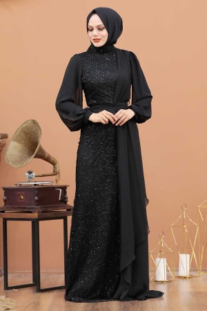 Robe de soirée Hijab - Robe de soirée Hijab noire 5516S - 2